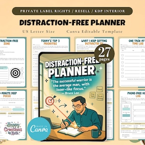 PLR / Återförsälj distraktionsfri planerare, utskrivbar och redigerbar mall, ADHD-fokuserad planerare, distraktionsavgiftningsplanerare, tidsblockering