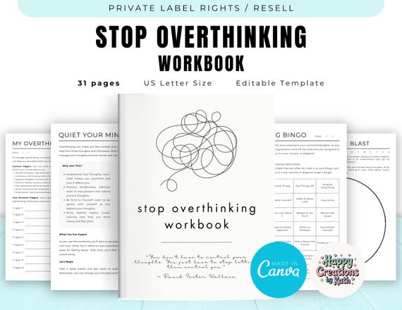 PLR / Resell Stop Overthinking Workbook, Printable and Editable Template, Commercial Use, Mindfulness Journal, Self-Care Journal, Anxiety