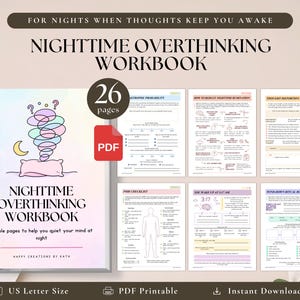Könnte beinhalten: Ein 26-seitiges digitales Arbeitsbuch mit dem Titel Nighttime Overthinking Workbook, das ein pastellfarbenes Cover mit einem Kissen und einer Gedanken-Grafik zeigt. Enthält druckbare PDF-Seiten für Gedankenmuster und Rituale im US-Letter-Format.