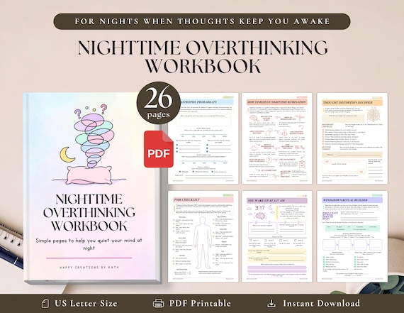 Nighttime Overthinking Workbook PDF | Sleep Anxiety Journal, Bedtime Brain Dump, Rumination Worksheets, Calm Night Routine Planner