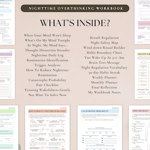 May include: A Nighttime Overthinking Workbook featuring a list of contents including Breath Regulation, Night Safety Map, and various logs. The document displays sections like Rumination Identification, Trigger Analysis, and a PMR Checklist with a human outline.