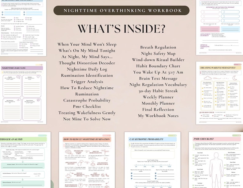 May include: A Nighttime Overthinking Workbook featuring a list of contents including Breath Regulation, Night Safety Map, and various logs. The document displays sections like Rumination Identification, Trigger Analysis, and a PMR Checklist with a human outline.