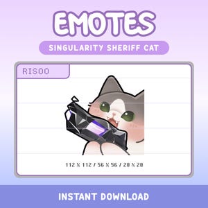 Puede incluir: Un gato de dibujos animados con pelaje gris y marcas blancas sostiene un arma negra y morada. El gato tiene una expresión de sorpresa y mira hacia la derecha. El texto "RISOO" está en la esquina superior izquierda de la imagen. El texto "SINGULARITY SHERIFF CAT" está encima de la imagen. El texto "112 x 112 / 56 x 56 / 28 x 28" está debajo de la imagen. El texto "INSTANT DOWNLOAD" está debajo de la imagen.