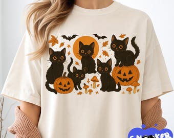 Gato negro calabaza PNG, Gato fantasma PNG, Halloween retro PNG, Gótico PNG, Gato negro PNG, Otoño PNG, Camiseta de mamá gata de Halloween, Otoño PNG