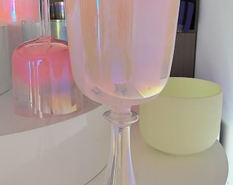 Goddess Aura Alchemy Crystal Singing Chalice l Grail – Iridescent Peach Pink Quartz Singing Bowl with Stem|Grail for Chakra Meditation|Yoga