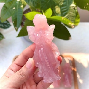 Hand-Carved Rose Quartz Angel Figurine: Healing Crystal Guardian (8-9cm