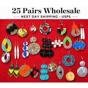May include: A collection of 25 pairs of wholesale earrings in various designs and colors, including beaded, shell, and metal styles. The earrings are displayed on a red background. The text "25 Pairs Wholesale" is at the top.