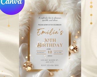 Elegant Birthday Invitation, white and gold Glam Invitation, fur birthday Invitation, adult Invitation, white and gold Glam Party Invitation