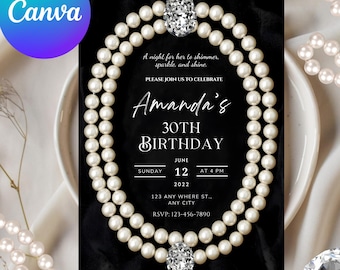 Pearls and diamond Party Invitation, Glam Party Invitation, Pearl Birthday Invitation, Adult Birthday, Elegant Birthday Invitation, diamond