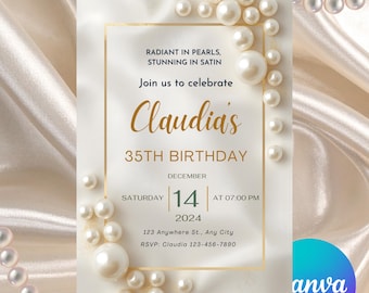 Invitación editable de fiesta de perlas y satén, invitación para fiesta glamurosa, invitación de cumpleaños con perlas, cumpleaños para adultos, invitación de cumpleaños elegante