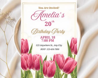 Invitación de cumpleaños de tulipán rosa, invitación de cumpleaños de tulipán floral, invitación de cumpleaños de flores, invitación de cumpleaños de tulipán rosa, invitación de flores