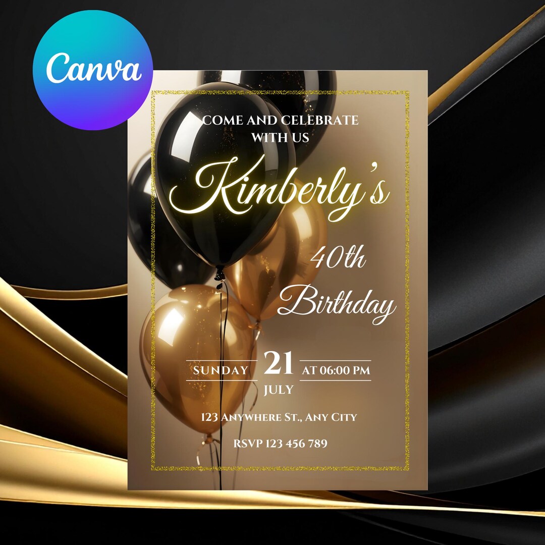 Black and Gold Birthday Invitation Template , Digital Download Invite ...