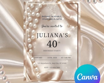 Editable Pearls and Satin Party Invitation, Glam Party Invitation, Pearl Birthday Invitation, Adult Birthday, Elegant Birthday Invitation
