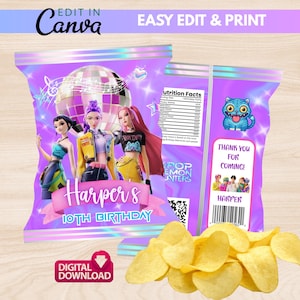 May include: A purple chip bag with the text "Harper's 10th Birthday" and "Easy Edit & Print". The bag features a disco ball, musical notes, and three animated figures. A pile of potato chips is in the foreground.