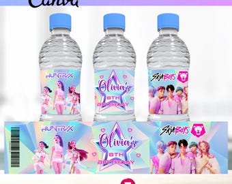 Plantilla editable de etiqueta para botella de agua de Demon Hunters de KPop, etiqueta de agua de Kpop, regalos de fiesta de Kpop, Kpop Huntrix, artículos de fiesta para fanáticos de Demon Hunters