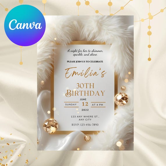 Elegant Birthday Invitation, white and gold Glam Invitation, fur birthday Invitation, adult Invitation, white and gold Glam Party Invitation