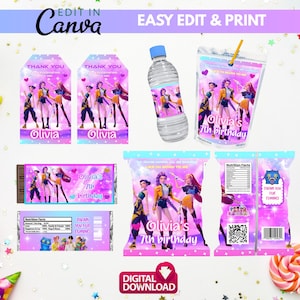 May include: A selection of party supplies, including water bottles and candy wrappers, with a bright, colourful design. The items feature a group of animated characters and the text "Olivia's 7th birthday". The words "Edit in Canva" are also visible.