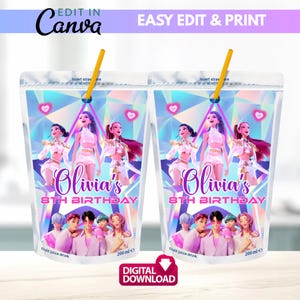Peut inclure: Deux pochettes de jus avec des pailles, conçues pour un 8e anniversaire. Les pochettes présentent un graphisme coloré avec le texte "Olivia's 8th Birthday". Elles comprennent également le texte "Fruit juice drink" et "200 ml e". Le haut de l'image indique "Easy Edit & Print".
