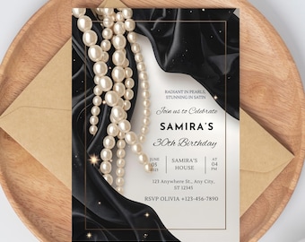 Editable Pearls and Black Satin Party Invitation, Glam Invitation, Pearl Birthday Invitation, Adult Birthday, Elegant Birthday Invitation