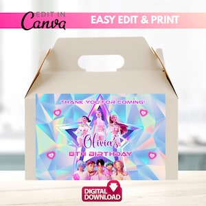 May include: A white party favor box with a colorful label. The label features a star design with the text "THANK YOU FOR COMING!" and "Olivia's 8TH BIRTHDAY". The box also has the text "EDIT IN Canva" and "DIGITAL DOWNLOAD".
