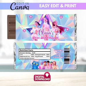 Könnte beinhalten: Schokoladenriegelverpackung mit farbenfrohem Design für den 8. Geburtstag. Die Vorderseite zeigt drei Cartoon-Figuren und den Namen "Olivia's" mit "8TH BIRTHDAY". Die Rückseite enthält ein Nährwertkennzeichen, einen Barcode und den Text "THANK YOU FOR COMING!"