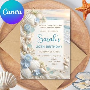 May include: A beach-themed invitation for a 20th birthday, featuring seashells, blue flowers, and pearls. The invitation includes the text "Sarah's 20th Birthday" and RSVP information. The design incorporates a beach scene with a sunset.