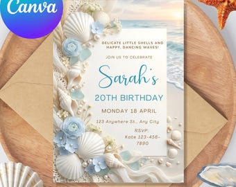 Invitación de cumpleaños playera, invitación de cumpleaños, invitación de playa, invitación de cumpleaños costera, invitación de concha marina, invitación oceánica