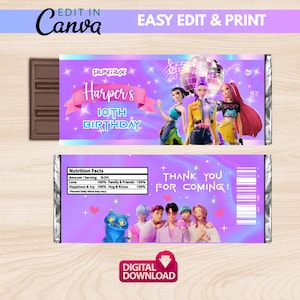 May include: A chocolate bar with a custom wrapper for a 10th birthday. The purple wrapper features animated characters, the text "Harper's 10th Birthday", and "Thank You For Coming!". The words "Edit in Canva" and "Easy Edit & Print" are also visible.