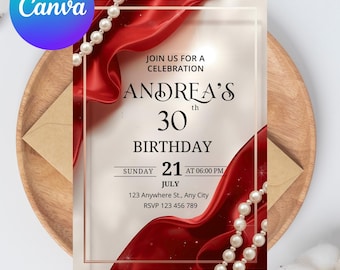 Pearls and red Satin Party Invitation, Glam Party Invitation, Pearl Birthday Invitation, Adult Birthday, Elegant Birthday Invitation