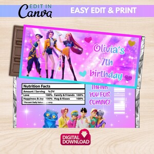 May include: A chocolate bar wrapper with a pink and purple design. The wrapper features illustrations of animated characters and text that reads "Olivia's 7th birthday." Additional text includes "Thank you for coming!" and "Digital Download."