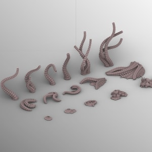 Könnte beinhalten: Eine Sammlung unbemalter, hellvioletter 3D-gedruckter Miniatur-Geländestücke. Das Set enthält verschiedene geschwungene Tentakel, verzweigte korallenartige Strukturen, flache gerippte Segmente und kleine kreisförmige Ansammlungen organischer Formen.