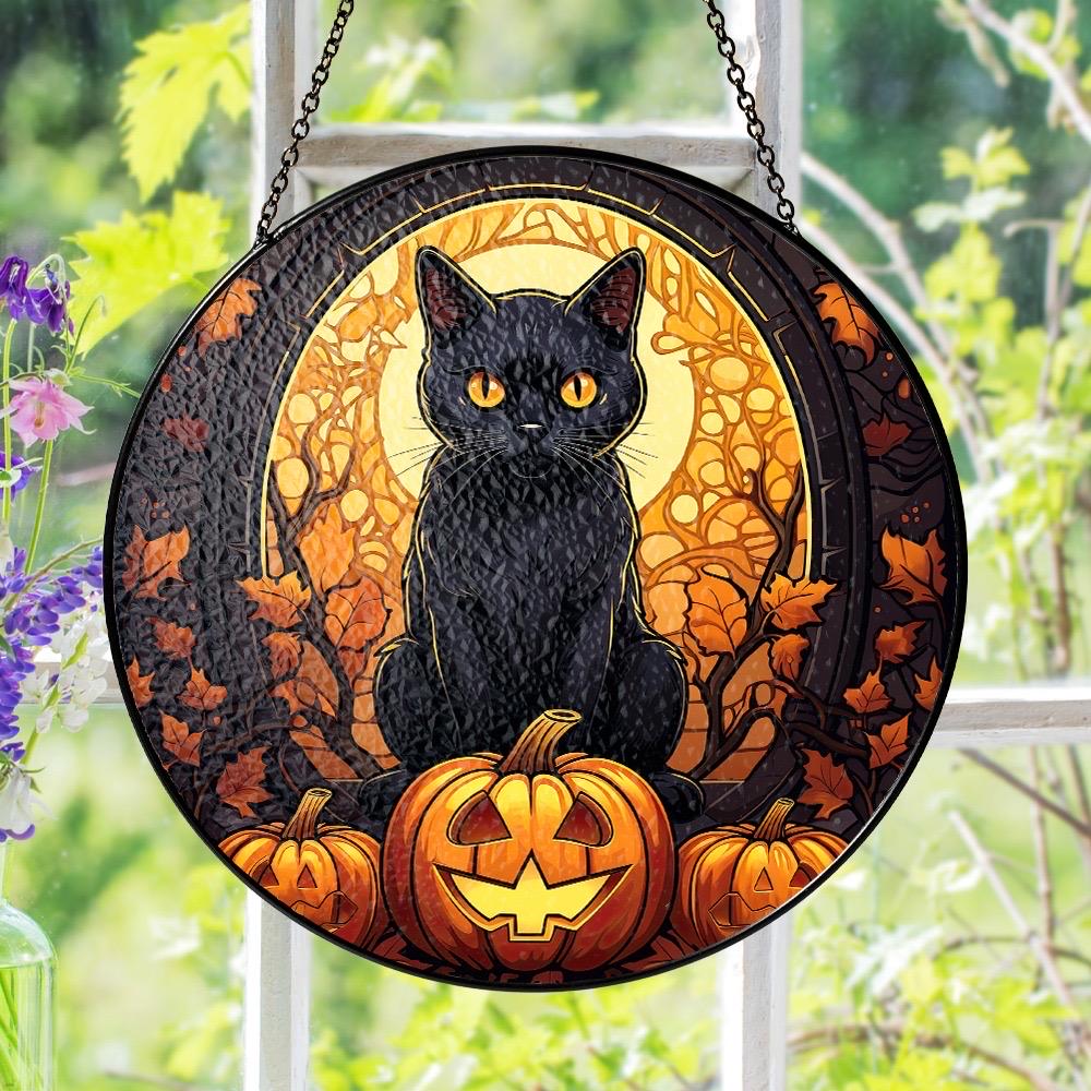 ハロウィンの黒猫サンキャッチャーステンドグラス、黒猫、ハロウィンの