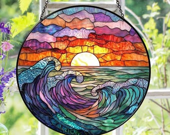 手作りステンドグラスのオーシャンサンキャッチャー：海岸の波のアート