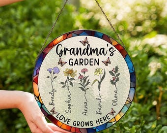 Personalized Grandma's Garden Suncatcher, Suncatchers Stained Glass Flower, Mothers Day Gifts fo Grandma, Nana Stained Glass Window Hangings