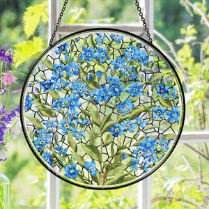 Forget-Me-Not Stained Glass Suncatcher, Nature Inspired Art, Botanical Glass Ornament, Window Hanging Decor, Handmade Floral Sun Catcher