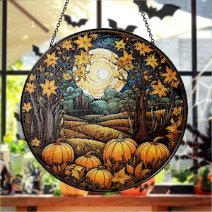 Autumn Pumpkin Suncatcher, Stained Glass Fall Decor for Windows, Halloween Sun Catcher Ornament, Cozy Harvest Window Hanging