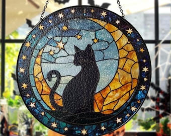 Black Cat with Moon Stained Glass Suncatcher, Cat Glass Window Hanging Gift, Gift For Cat Lover, Halloween Black Cat Sun Catcher For Cat Mom