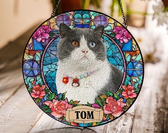 Attrape-soleil en vitrail pour portrait d'animal de compagnie personnalisé, portrait de chat personnalisé à partir d'une photo, vitrail commémoratif de chat, cadeau de perte d'animal de compagnie, vitrail