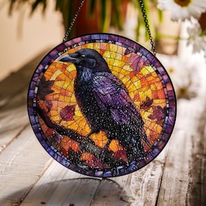 Raven Crow Stained Glass Suncatcher, Halloween Crow Window Hanging, Unique Indoor Home Decor, Halloween Gift, Housewarming Gift Idea