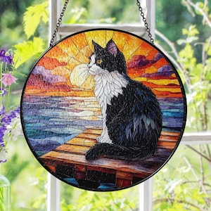 Tuxedo Cat Glass Suncatcher, Tuxedo Cat Sunset Home Decor, Window Hanging with Houseplants, Cat Lover Gift, Glass Art Decor