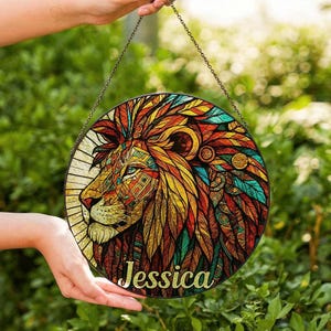 Leo Zodiac Stained Glass Suncatcher with Custom Name – Personalized Astrology Sun Catcher Window Hanging – Unique Birthday Gift for Leo Sign