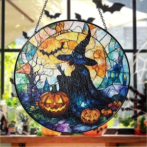 Halloween-Hexe mit Sonnenfänger, gruseliger Halloween-Dekor für Fenster, Fensterschmuck, Glasmalerei-Hexe-Verzierung