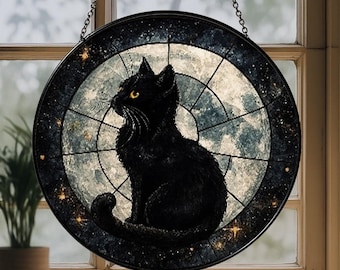 Black Cat with Moon Stained Glass Suncatcher, Cat Glass Window Hanging Gifts, Gift For Cat Lover, Black Cat on Moon Sun Catcher For Cat Moms