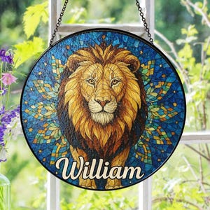 Leo Zodiac Stained Glass Suncatcher with Custom Name, Personalized Sun Catcher Window Hanging, Unique Astrology Gift for Leo Birthday decor