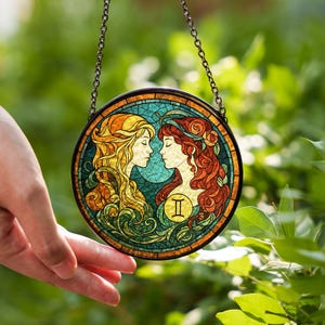 Gemini Sternzeichen Glasmalerei Suncatcher, himmlische Zwillingsfensterdekoration, Astrologie Geschenk für Luftzeichen, runder Sun Catcher, Gemini Glasmalerei