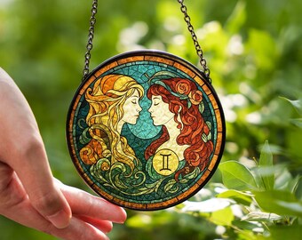 Gemini Zodiac Stained Glass Suncatcher, Celestial Twin Window Decor, Astrology Gift for Air Signs, Round Sun Catcher, Gemini Stained Glass