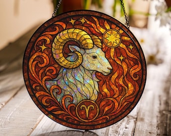 Vitral decorativo do signo de Áries, feito à mão, para pendurar na janela, presente de aniversário para amantes de horóscopo, peça artesanal do signo de Áries.