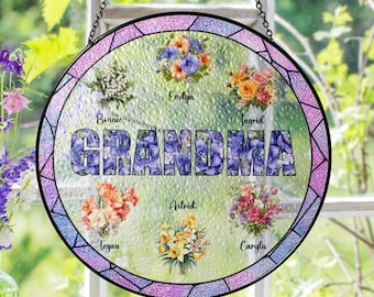 Personalized Grandma's Garden Suncatcher, Suncatchers Glass Birth Month Flowers, Mothers Day Gifts fo Grandma, Nana Glass Window Hangings