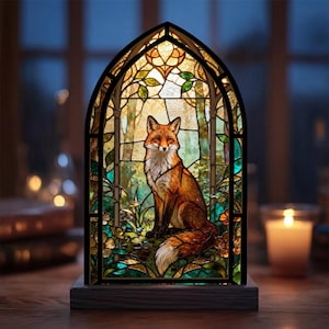Fox Suncatcher kandelaar, bosdier gebrandschilderd glas stijl licht, bos decor cadeau, gezellige natuur plank decor