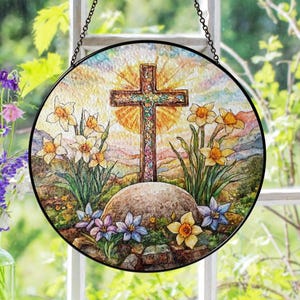 Cross And Wildflowers Stained Glass Suncatcher, Christian Glass Windows Hanging, Flower Cross Gift For Religious, Easter Faith Cross Home De